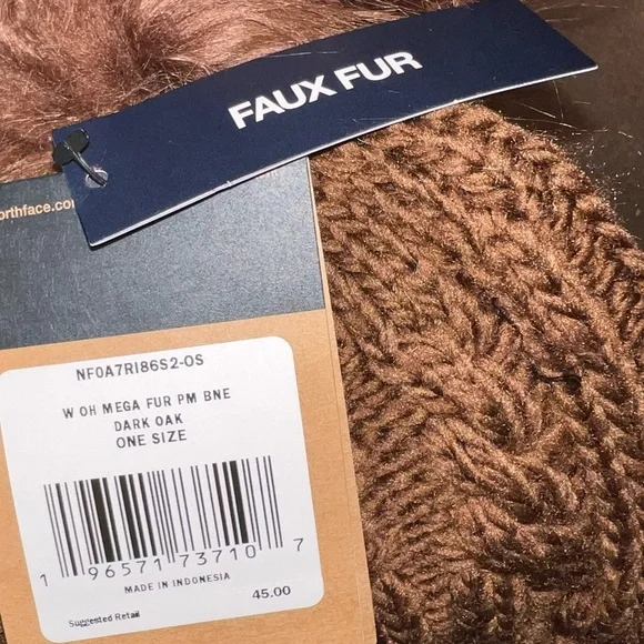 NWT The North Face Women's Oh-Mega Fur Pom Beanie DARK OAK BROWN - Picture 3 of 3